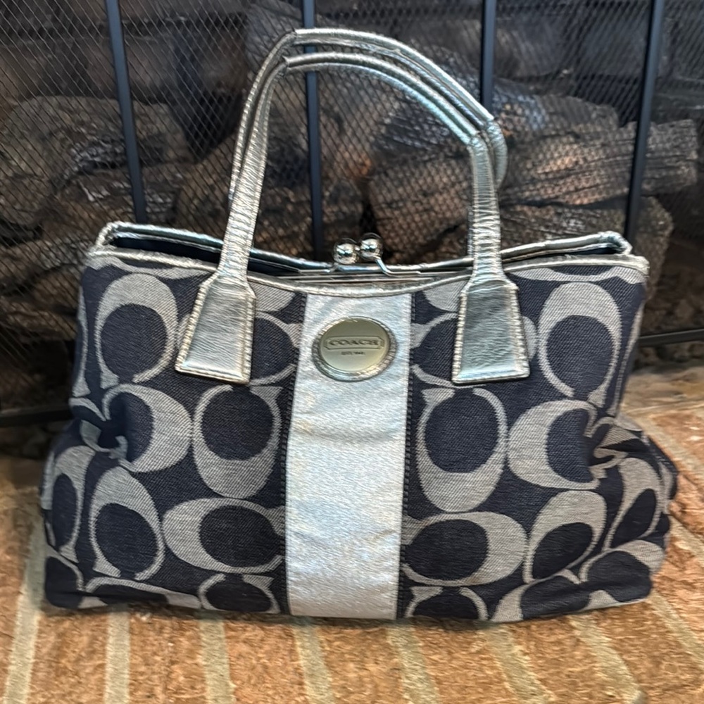 Coach Denim and Silver Signature C Kiss Lock Satchel
